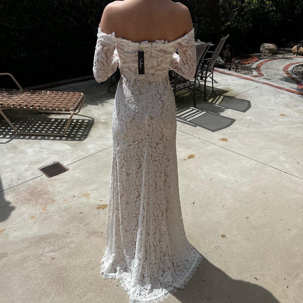 Romance Dreamer White Lace Off-the-Shoulder Maxi Dress.